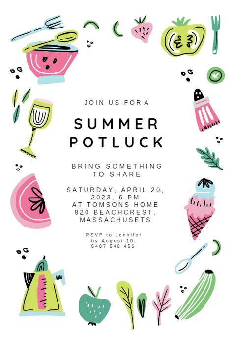Summer potluck invitation. Things To Know About Summer potluck invitation. 